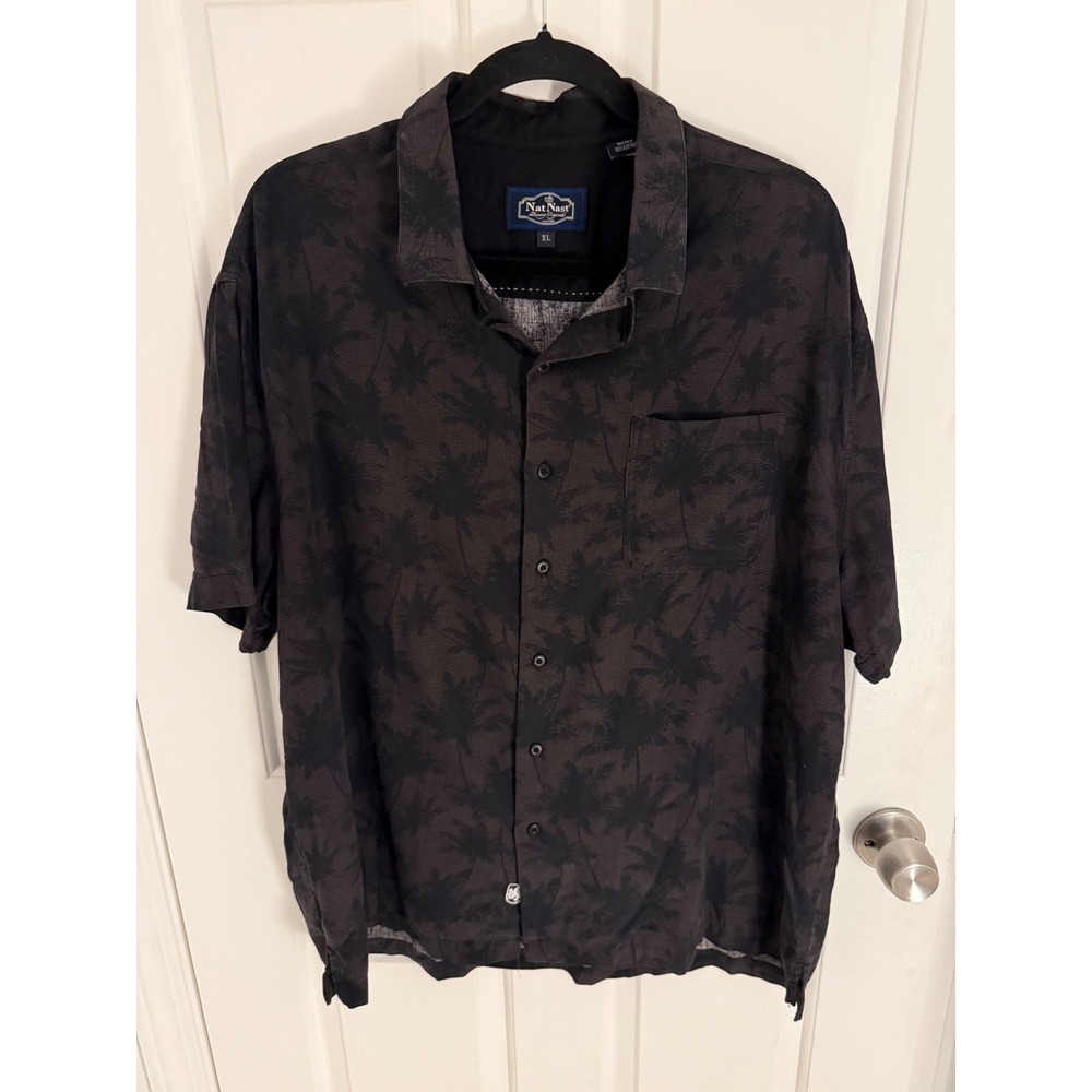 Nat Nast Mens XL Silk Cotton Palm Tree Print Short Sleeve Button Down Shirt